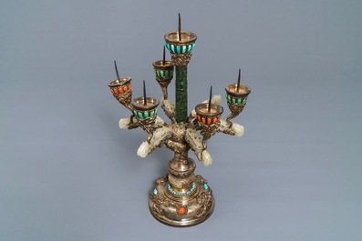 A coral and turquoise-inlaid silver and jade candlestick, China or Tibet, 18/19th C.