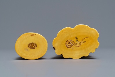 Two signed Japanese ivory okimono, Meiji, 19th C.