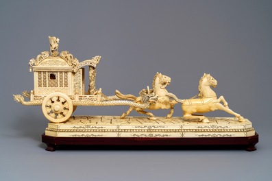 An exceptionally large Chinese carved ivory 'horse carriage' group, 19/20th C.