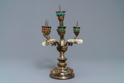 A coral and turquoise-inlaid silver and jade candlestick, China or Tibet, 18/19th C.