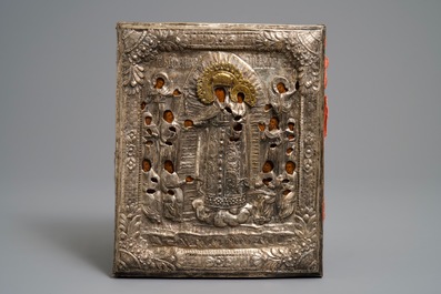 Two Russian silvered copper oklad or riza icons: 'Mother of God with apostles' and 'Pantocrator', 19th C.