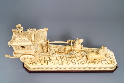 An exceptionally large Chinese carved ivory 'horse carriage' group, 19/20th C.