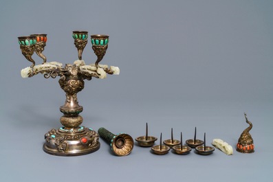 A coral and turquoise-inlaid silver and jade candlestick, China or Tibet, 18/19th C.