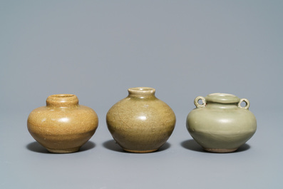 An octagonal Chinese Longquan celadon dish, four vases and two bowls, Song/Ming