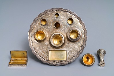 A Chinese celadon bowl with silver inkwell mount, two spectacle cases, a horn seal and a lorgnette, 19/20th C.