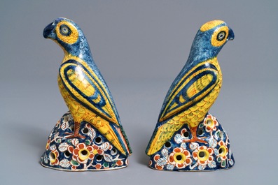 A pair of polychrome Dutch Delft models of parrots, 18th C.