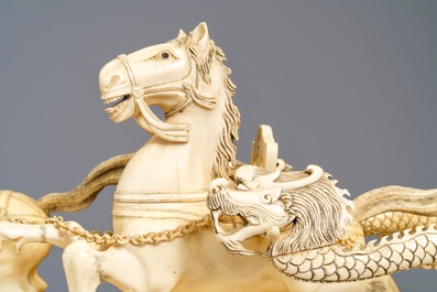 An exceptionally large Chinese carved ivory 'horse carriage' group, 19/20th C.
