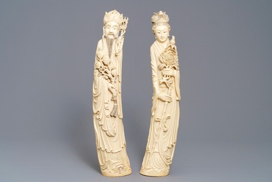 A pair of tall Chinese ivory figures, 19th C.