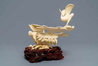 A Chinese ivory group of cranes among clouds, ca. 1920