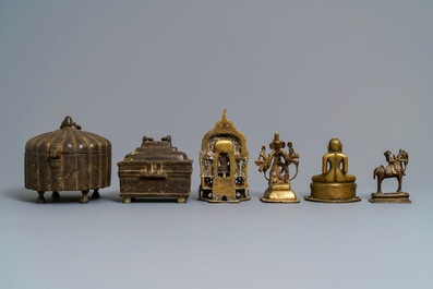 Four Indian Gujarat bronze votive figures and two covered boxes, 16th C. and later