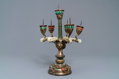 A coral and turquoise-inlaid silver and jade candlestick, China or Tibet, 18/19th C.