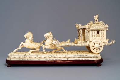 An exceptionally large Chinese carved ivory 'horse carriage' group, 19/20th C.