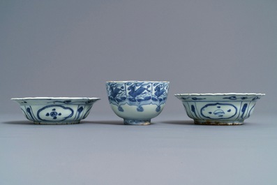 Two Chinese blue and white klapmuts bowls and a &lsquo;flaming horse&rsquo; bowl, Wanli