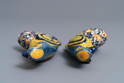 A pair of polychrome Dutch Delft models of parrots, 18th C.