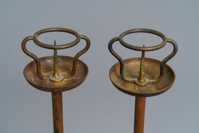 A pair of Japanese bronze shokudai candlesticks and a smaller example, Meiji/Showa, 19/20th C.
