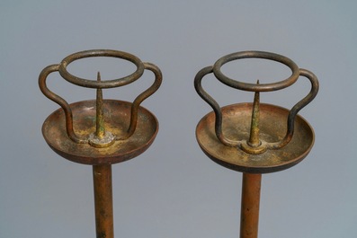 A pair of Japanese bronze shokudai candlesticks and a smaller example, Meiji/Showa, 19/20th C.