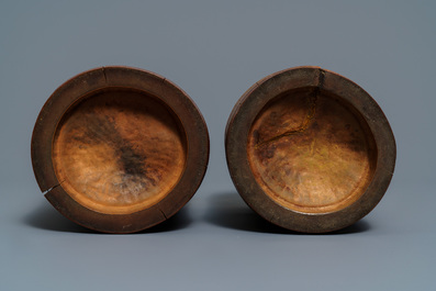 Two Chinese carved bamboo brush pots and five wooden stands, 19/20th C.