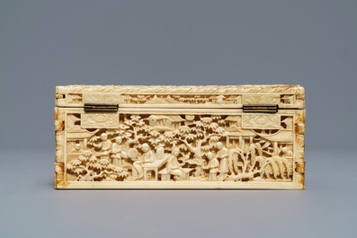 A rectangular Chinese carved ivory casket, Canton, 19th C.