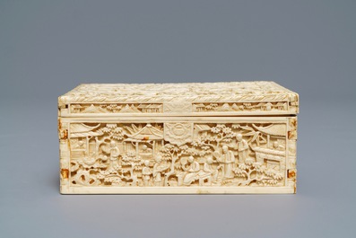 A rectangular Chinese carved ivory casket, Canton, 19th C.