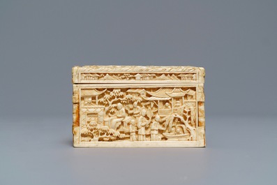 A rectangular Chinese carved ivory casket, Canton, 19th C.