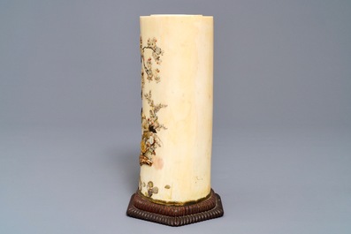 A Japanese Shibayama inlaid ivory brush pot, Meiji, 19th C.