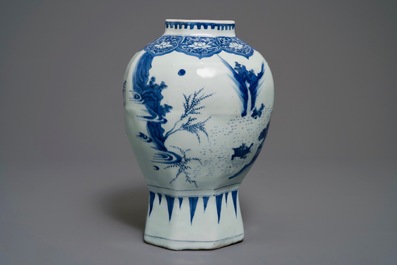 A Chinese blue and white baluster vase with figural design, Transitional period