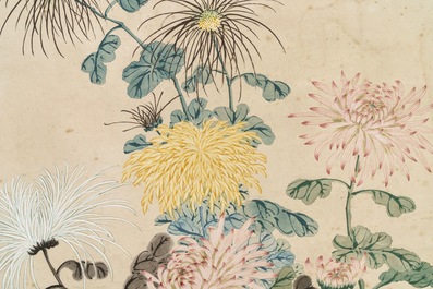 Wu Shuben (Chine, 1869-1938): Composition florale, encre et couleurs sur soie