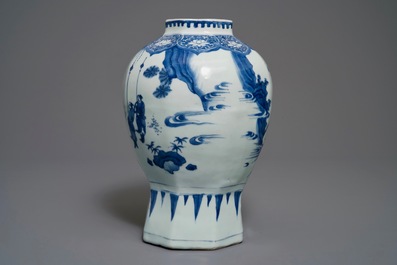 A Chinese blue and white baluster vase with figural design, Transitional period