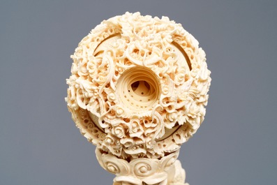 A fine Chinese ivory landscape with a puzzle ball, Canton, ca. 1920