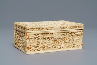 A rectangular Chinese carved ivory casket, Canton, 19th C.