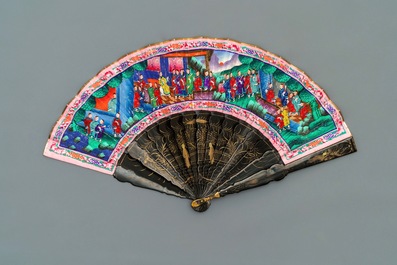 Five Chinese painted paper, wood and lacquer fans, Canton, 19th C.