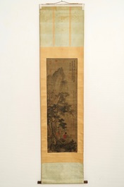 Chinese school, Qing, after Wang Fu (1362-1416): Figures in a landscape, ink and color on silk, mounted on scroll