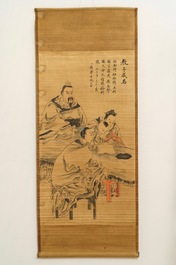 Ecole chinoise, Qing, 19&egrave;me: Le&ccedil;on de calligraphie, encre et couleurs sur papier, mont&eacute; en rouleau