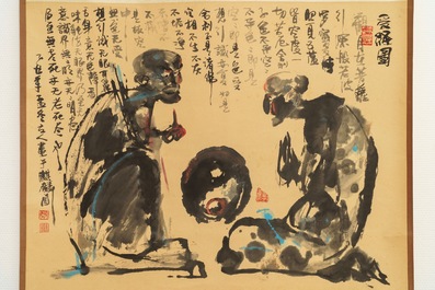 Ecole chinoise, 20&egrave;me: Deux figures et calligraphie, encre et couleurs sur papier, mont&eacute; en rouleau