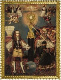 &Eacute;cole de Cuzco, P&eacute;rou: L'emp&eacute;reur Charles II en d&eacute;fense de l'Eucharistie, huile sur toile, 17&egrave;me