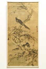 Tani Buncho (Japan, 1763-1841): Birds on a flower branch, ink and color on silk, framed