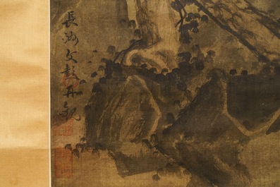 Chinese school, Qing, after Wang Fu (1362-1416): Figures in a landscape, ink and color on silk, mounted on scroll