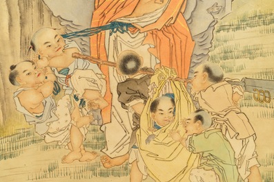 Shen Zhaohan (Xinhai) (China, 1855 - 1941): Buddha with children, ink and color on paper, mounted on scroll