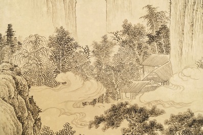 Wu Hufan (Chine, 1894-1968): Paysage montagnard avec personnage, encre sur papier, mont&eacute; en rouleau