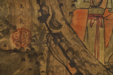 Ecole chinoise, Qing, d'apr&egrave;s Wang Fu (1362-1416): Figures dans un paysage, encre et couleurs sur soie, mont&eacute;e en rouleau