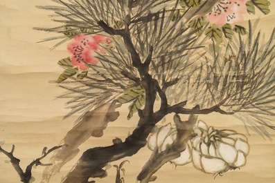 Zhao Zhiqian (China, 1829&ndash;1884): 'Three friends of winter', ink and color on paper, mounted on scroll