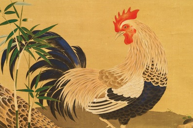 Ecole japonaise: Coq, poule et poussins, aquarelle et encre sur papier, mont&eacute; en rouleau, Meiji, 19&egrave;me