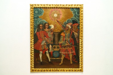 &Eacute;cole de Cuzco, P&eacute;rou: L'emp&eacute;reur Charles II en d&eacute;fense de l'Eucharistie, huile sur toile, 17&egrave;me