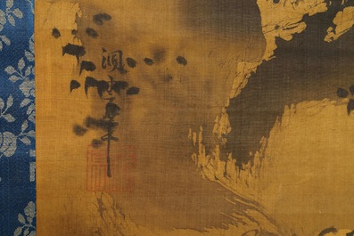 Japanse school, 18/19e eeuw, naar Kano Masanobu, inkt op zijde: Tijger bij een rots