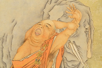 Shen Zhaohan (Xinhai) (China, 1855 - 1941): Bouddha aux enfants, encre et couleurs sur papier, mont&eacute; en rouleau