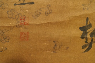 Wang Jie (China, 1725-1805): Kalligrafie en bloemen, inkt op papier, op rol gemonteerd