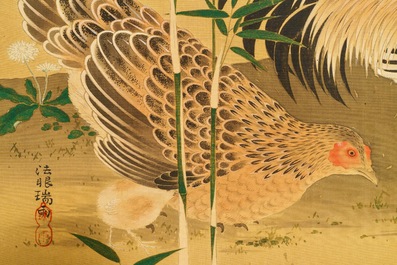 Japanese school: Hen, rooster and chicks, watercolor and ink on paper, mounted on scroll, Meiji, 19th C.