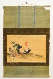 Japanese school: Hen, rooster and chicks, watercolor and ink on paper, mounted on scroll, Meiji, 19th C.