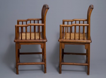A pair of Chinese huanghuali wood chairs, Republic, 20th C.