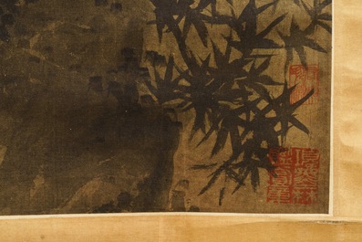 Chinese school, Qing, after Wang Fu (1362-1416): Figures in a landscape, ink and color on silk, mounted on scroll